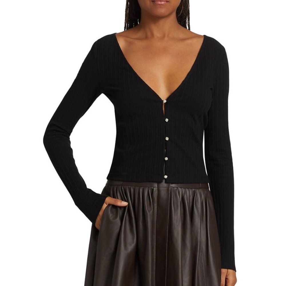 Vince V-Neck Ribbed Slightly Cropped Faux Pearl Button Cardigan Black Small